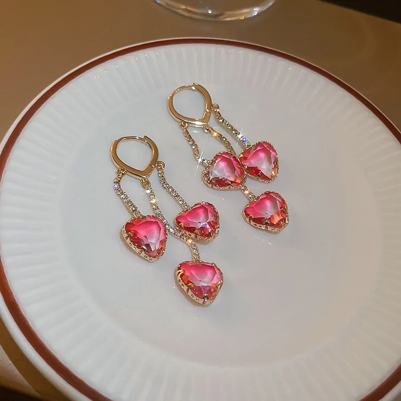 

2022 Korean New Pink Crystal Heart Tassel Earrings For Women Luxury Jewelry Crystal Love Dangle Earings Wholesale