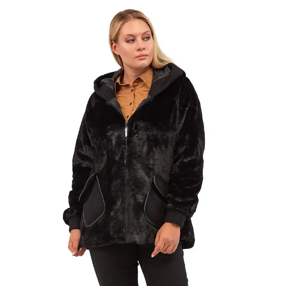 Fredo women large size coat Lm56060 fixed hooded zipper closure sports pocket lining plush fur black Taba
