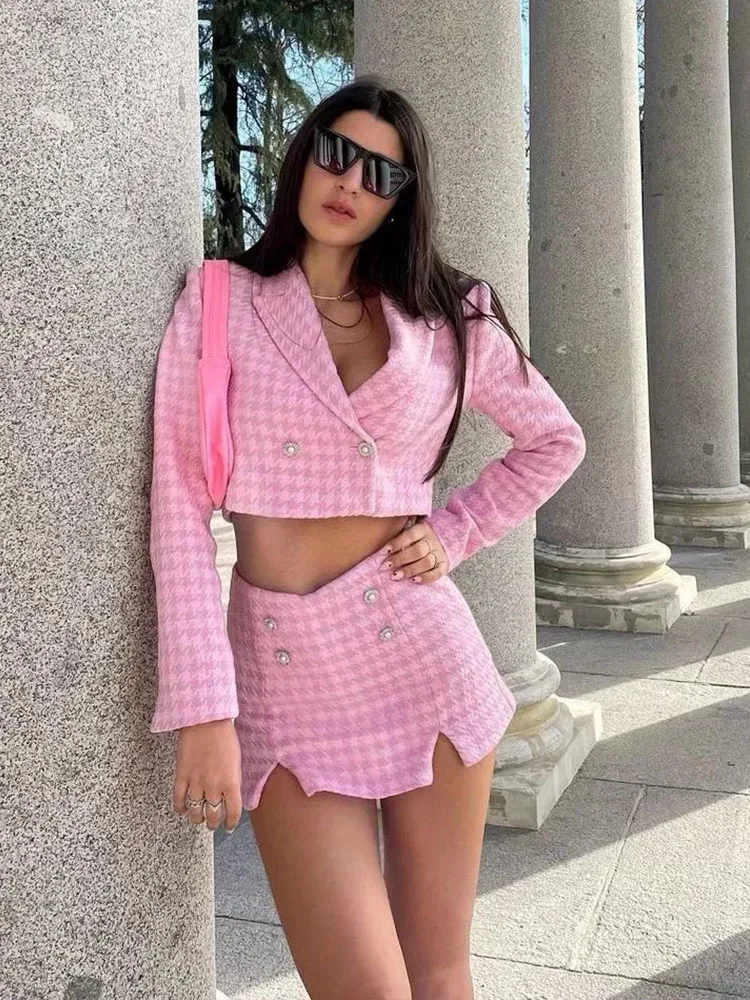 

2022 Women Spring Jacket Fashion Houndstooth Textures Leisure Blazer Coat Long Sleeve Female Outerwear+Shorts Skirts Suit