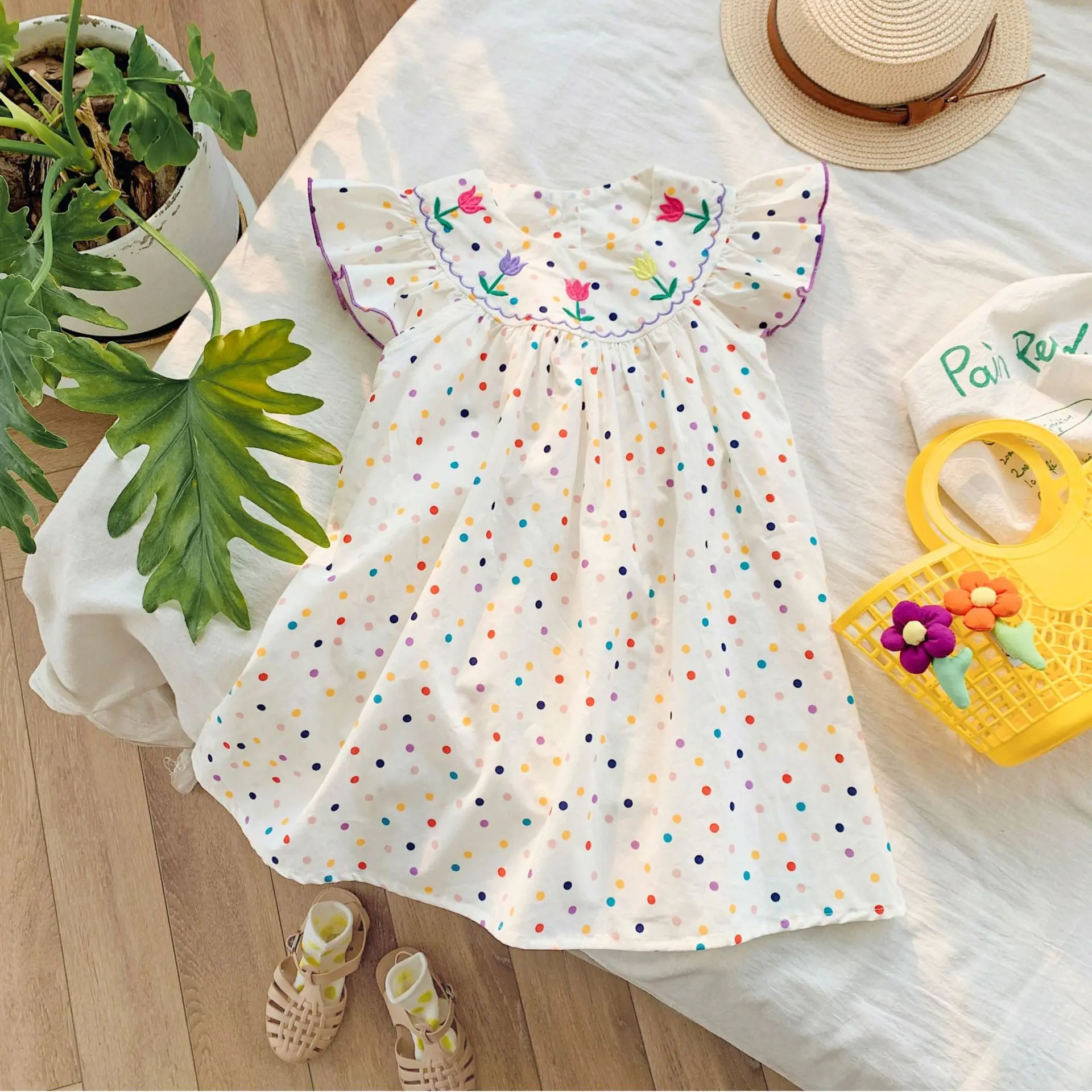 

Vestidos Korean Style Clothing Child Colorful Polka Dot Tulip Embroidered Girl Dress Summer Short Sleeved Sweet Princess Skirt