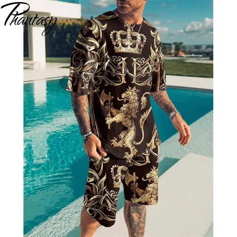 

Men 2 Piece Sets 3D Printed Tracksuit Summer Casual Short Sleeves Print T-Shirt Shorts Suits Sportswear Loose Oversize S-5XL