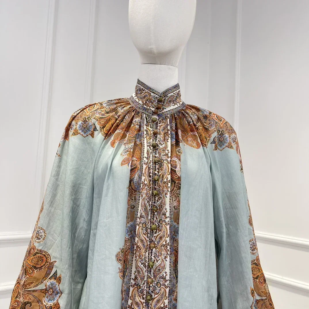 Self Bow Tie 2024 синяя юбка-миди Ramie с принтом пейсли каскадная плиссированная и блузка