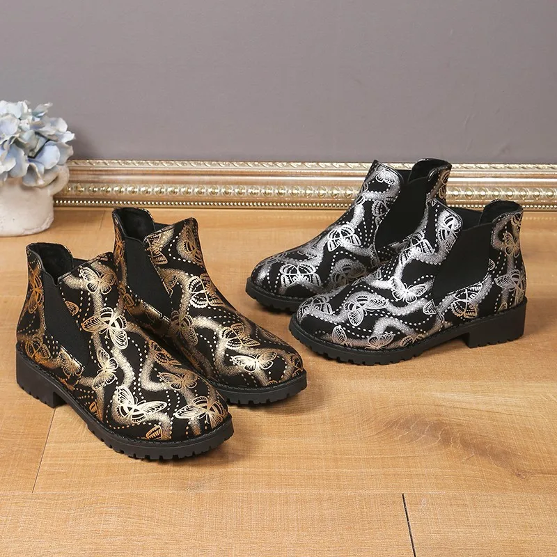Женские ботильоны с бабочкой черные или золотистые полусапожки