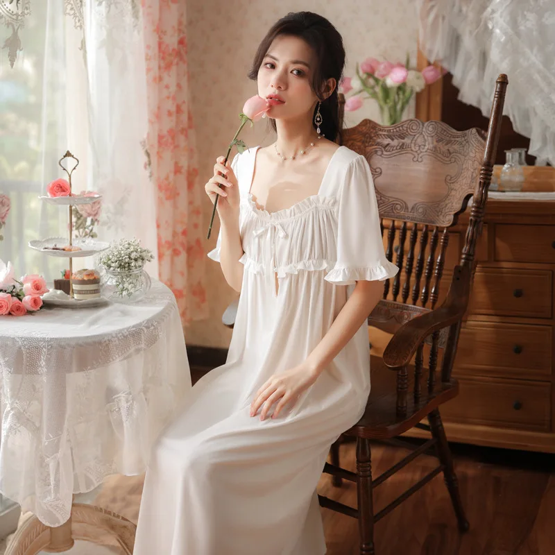 

Pure Cotton Large Size Short Sleeves Nightgown Women Square Collar Long Style Mid-Calf Night Dress Vintage Loose Nightie Summer