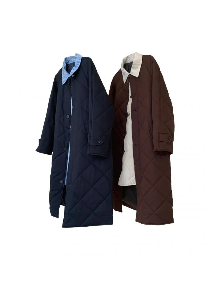 2022 Winter Fashionable Retro Stitching Color Contrast Quilted Long Parka Women Lapel Cotton-Padded Warm Jacket Loose Thick Coat