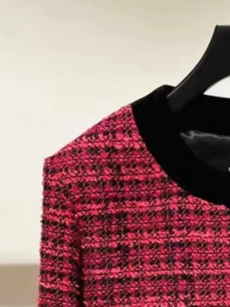

Women Short Coat Gingham Tweed Round Neck Plaid Elegant Temperament Jacket Single Breasted Casual