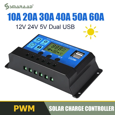 ШИМ Солнечная Панель зарядное устройство регулятор 10A 20A 30A 40A 50A 60A 12/24 в зарядное устройство ЖК-дисплей двойной USB 5 В выход
