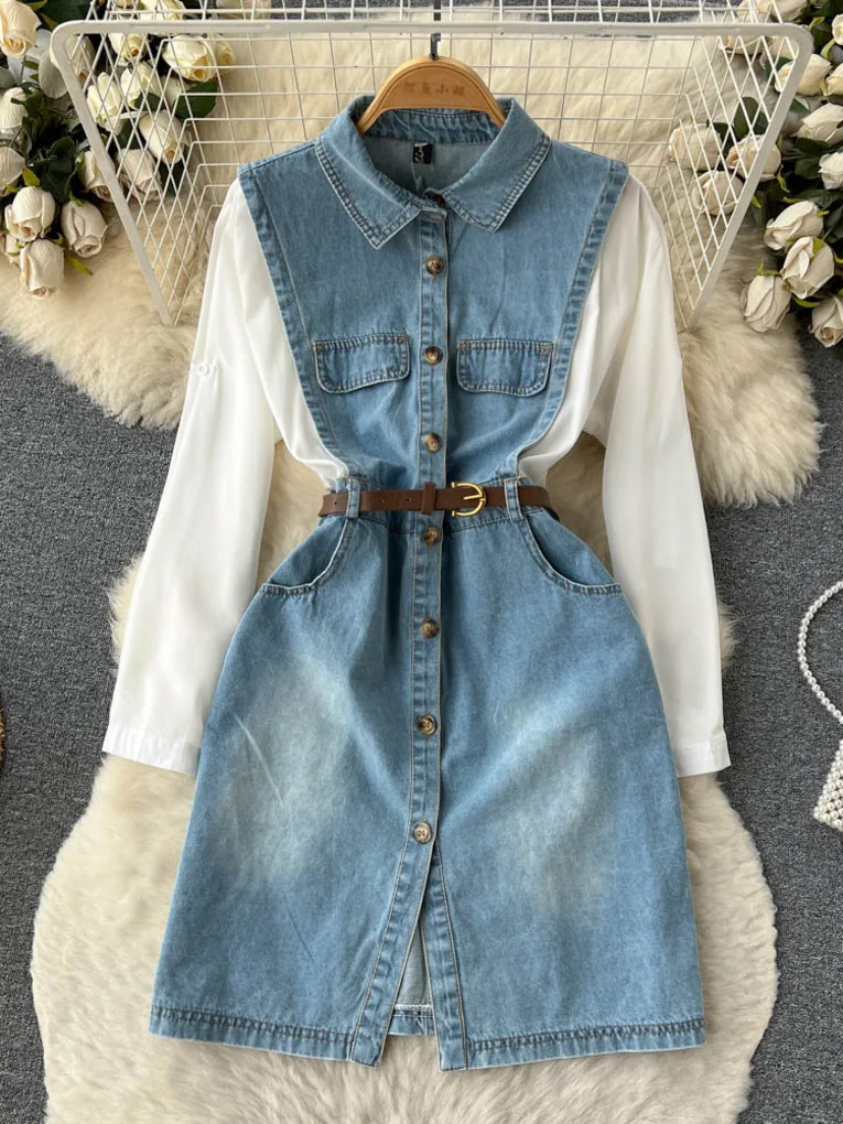 

Женское повседневное джинсовое платье Foamlina, шифоновое лоскутное платье-трапеция с рукавами, отложным воротником, пуговицами и поясом на ве...