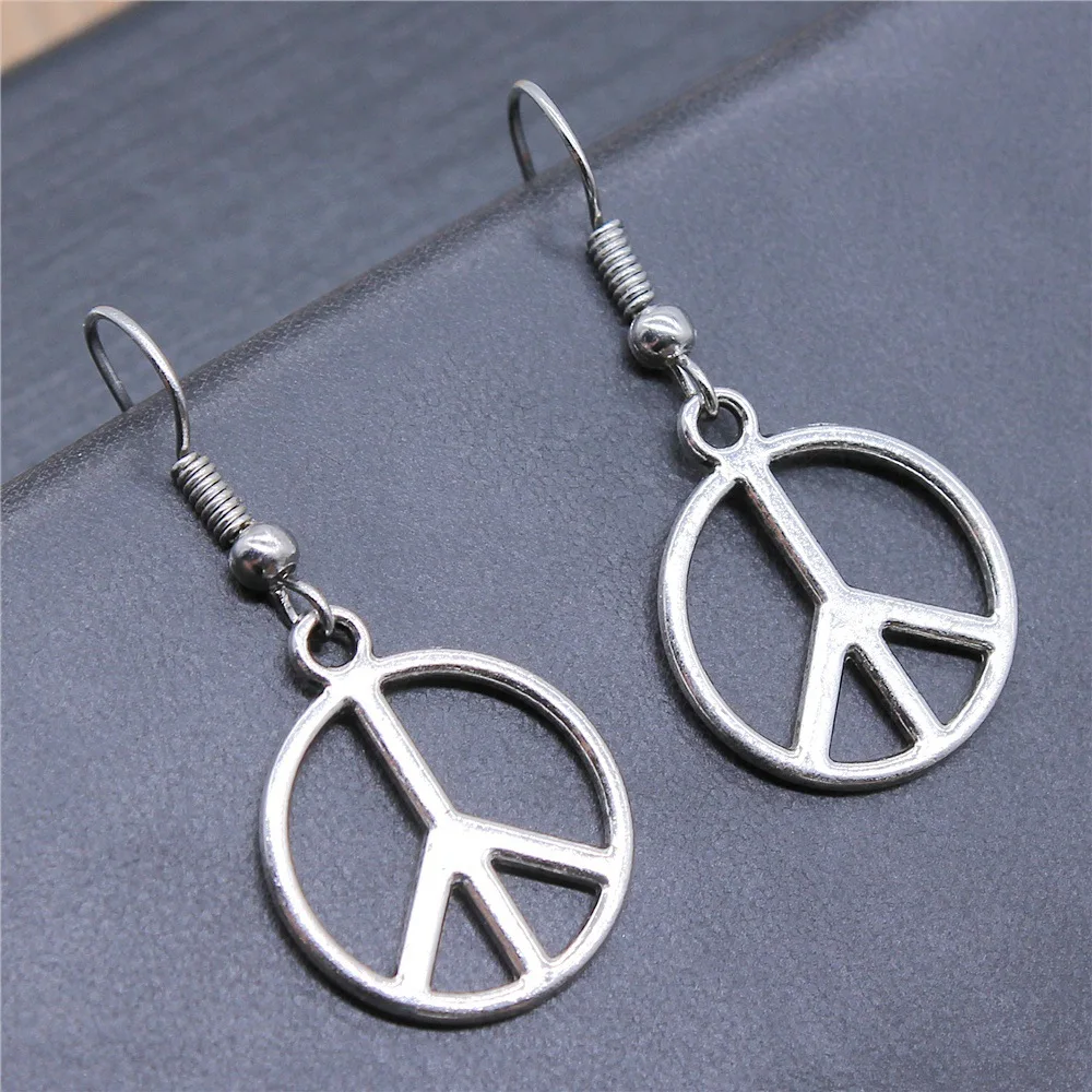 

Fashion Handmade Simple Design Antique Silver Color Peace Pendant Earrings Women Vintage Drop Earrings