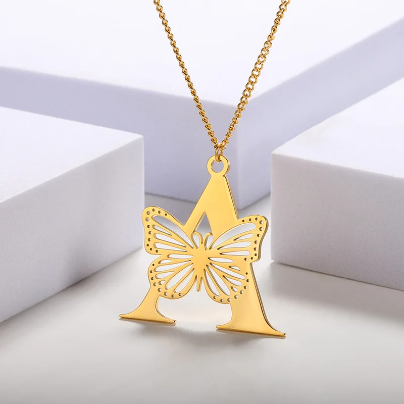 

18k Golden Stainless Steel Butterfly Initial Necklace Trendy Hollow Butterfly Insect 26 letter Pendant Women Aesthetic Jewelry