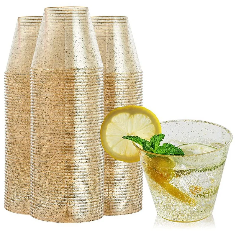 

Gold Glitter Plastic Cups 9 Oz Clear Plastic Cups Tumblers, Disposable Wine Glasses With Gold Glitter For Party