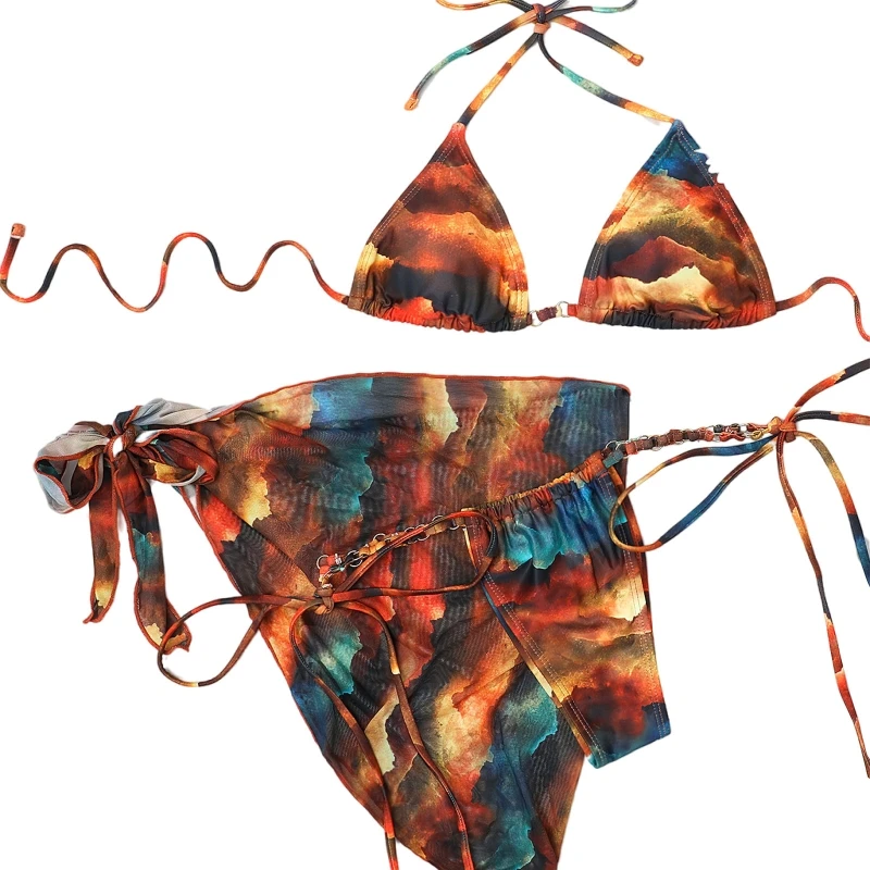 

Ladies Split Swimsuit Comfortable Fashion Printed 3-Piece Knotted Swimming Suit Push Up Wrap Beachwear Gather Bikini Set