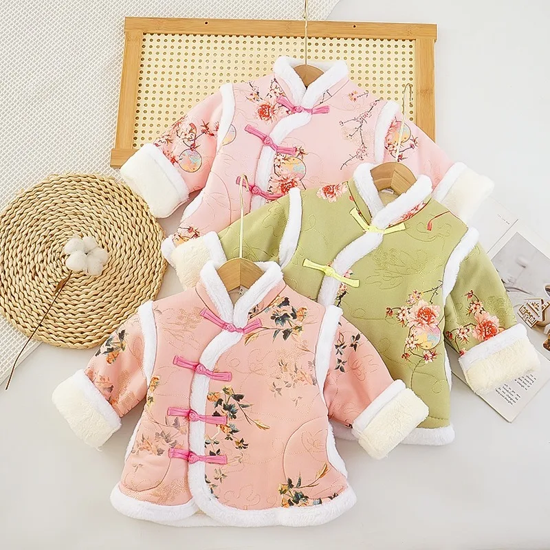 Children's Chinese-style Tang Suit Cashmere Cotton-padded Jacket Clothing Baby Girls Tray Button Warm Winter Vintage Coat