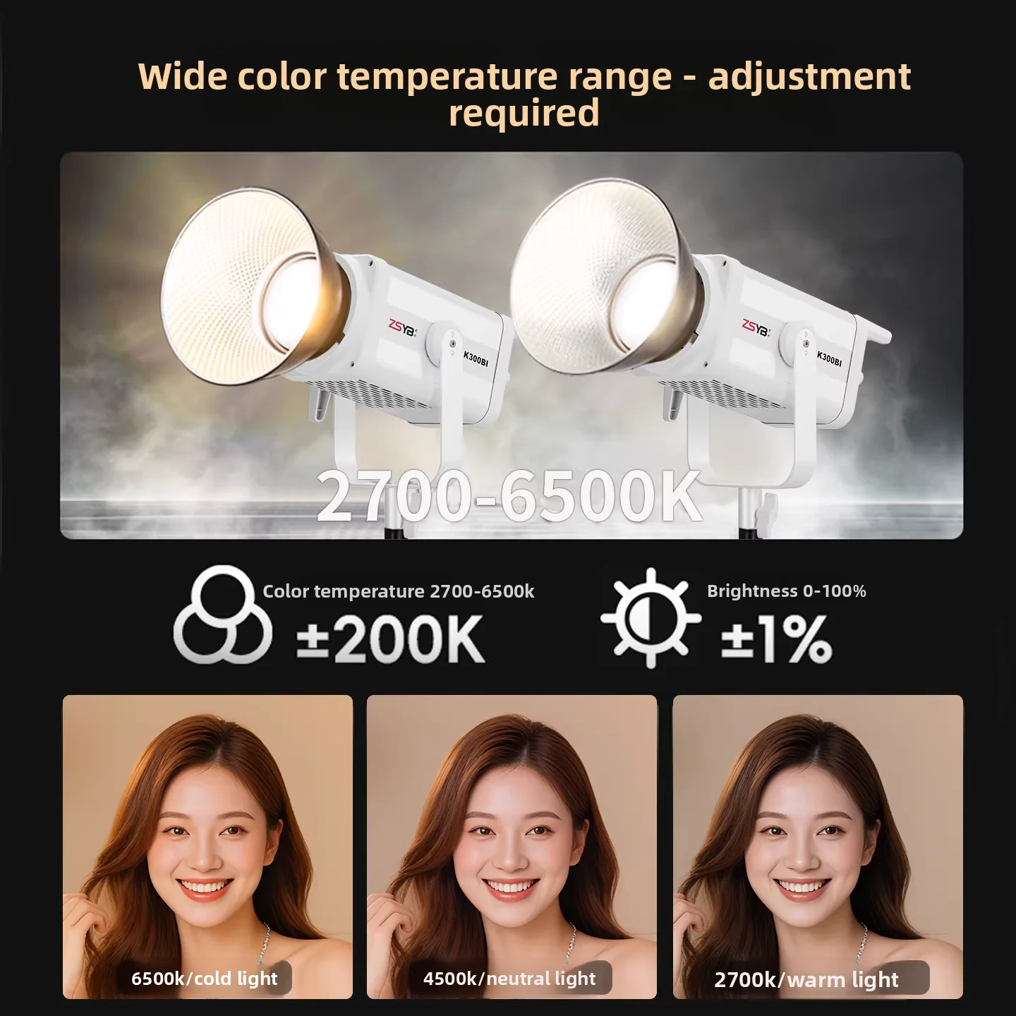 Фото Видеосвет ZSYB K300bi 300W, 2700-6500K, двухцветный COB-светильник с креплением Bowens, с управлением через приложение для прямых трансляций №4