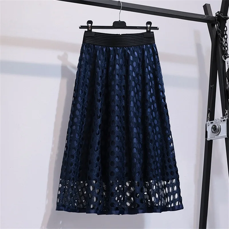 

Women A-Line Ball Gown Lace Hollow Out Skirt All Match Solid Koran High Waist Casual Spring Summer Women Skirts 5 Color I243