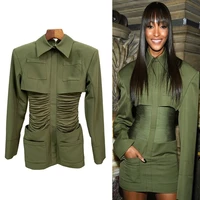 high street 2022 newest stylish designer dress womens long sleeve slim fitting pockets army green sheath mini dress