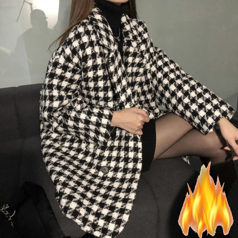 Black White Plaid Wool Winter Blazers Office Ladies Vintage Add Velvet Thicken Casual Loose Suit Coats Middle Long Warm Outwear