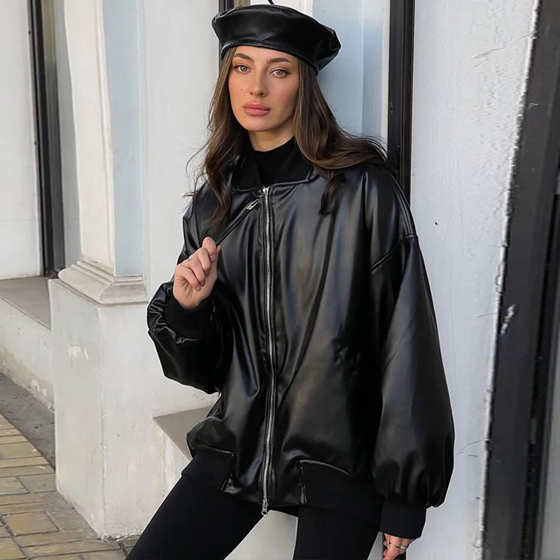 Popular Heavy Women's Clothing 2023 Winter New Fashion Casual Imitation Leather Cardigan Zipper Loose Long Sleeve Jacket