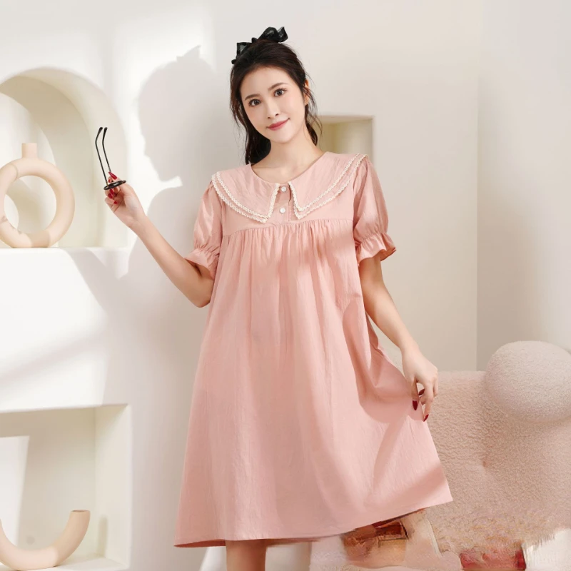 2023 Spring Pajamas for Women's New Home Wear Cotton Short-sleeved Long Skirt Can Be Worn Outside Breathable and Soft Loungewear