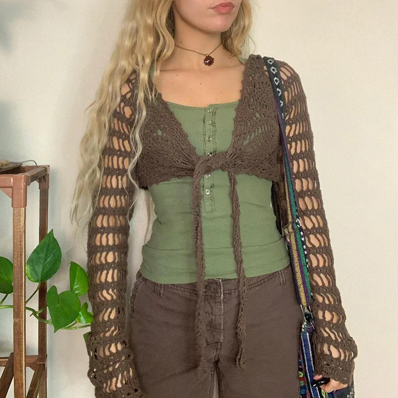 

Crochet Hollow Out Smock Top Indie Grunge Bandage Cardigans Y2K Aesthetic Vintage Brown Knitted Sweater 00s Retro Streetwear