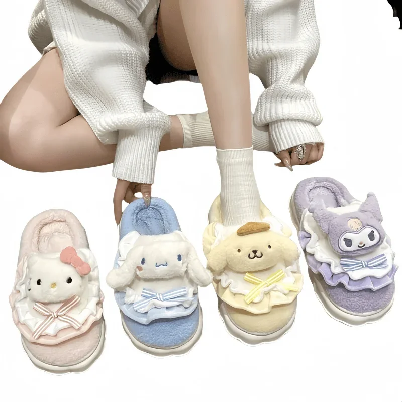 Hello Kitty Cartoon Animation Character Kawaii Kuromi Cotton Slippers Bag Heel Home Good-Looking Cute Warm Plush