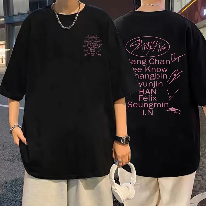 

Limited Stray Kids Maxident Double Sided Print T Shirt Short Sleeve Male Casual Loose T-shirts Men Women Hip Hop Vintage Tshirt