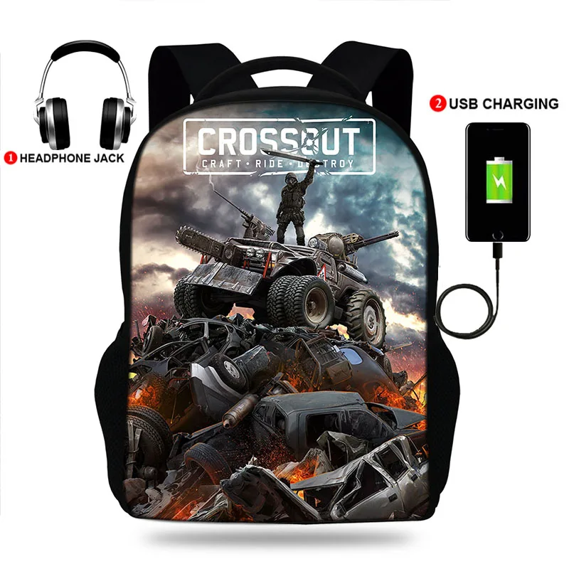 USB Charger School Bags for Teenage Boys &ampGirls Crossout Game Print Backpack Mens Laptop Travel Rucksack |