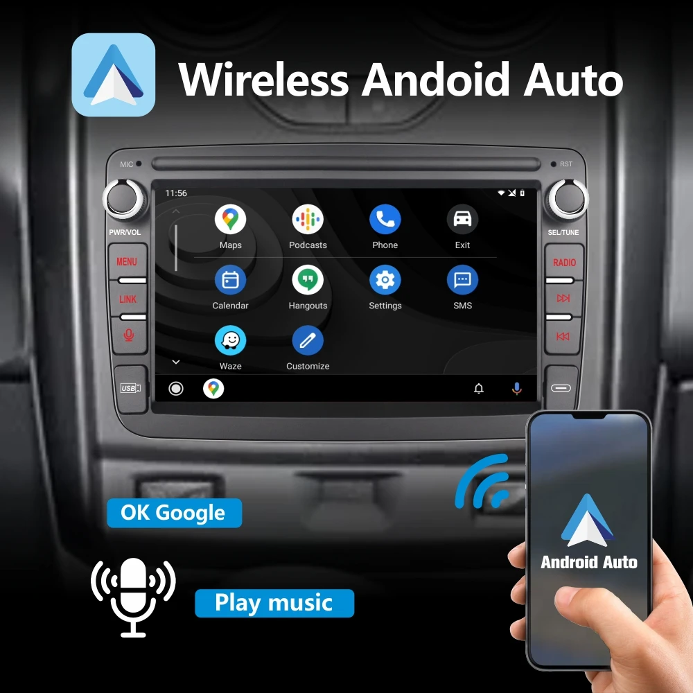 Автомагнитола с беспроводным Carplay Android авто для Renault Dacia Sandero Dokker 7-дюймовым
