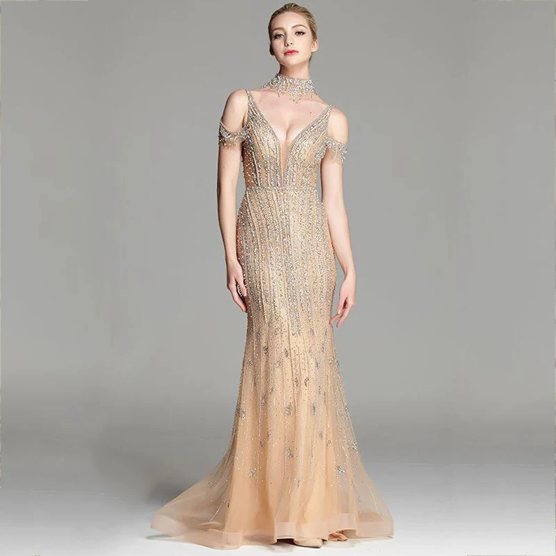 

Women’s Sparkly Beaded Mermaid Prom Dresses V-neck Floor Length Tulle Cocktail Dress Off Shoulder Formal Evening Party Gowns