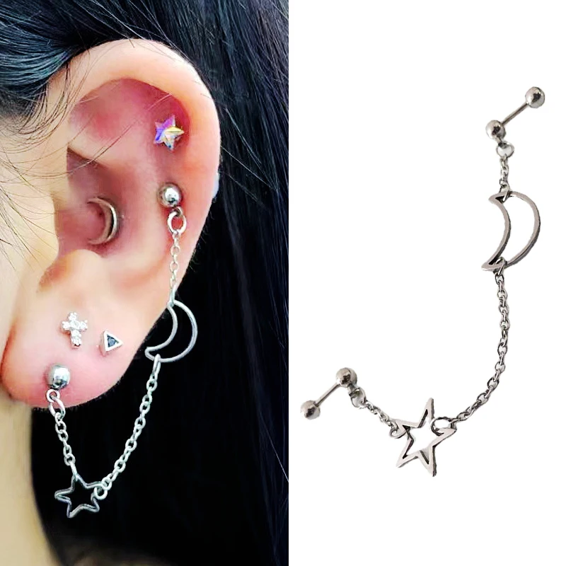 

Stainless Steel Pierc Ears Stud Moon and Star Cartilage Earrings Helix Piercing 16g 20g Lobe Industrial Jewelry Korean Earings