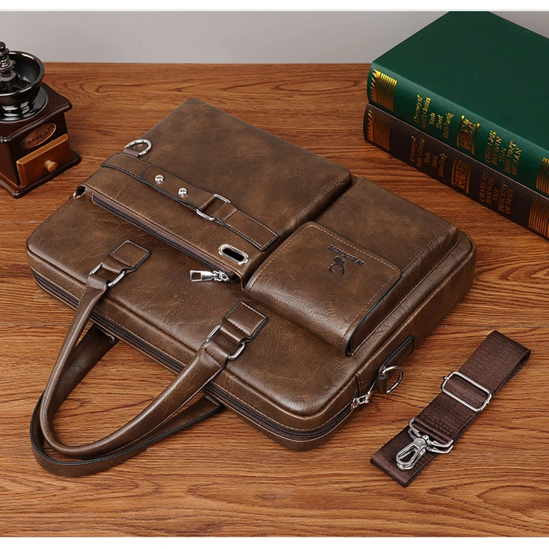 Leather Briefcase Bag for Man A4 Documents Designer Handbag Computer Laptop 14 Shoulder Business Messenger Tote Crossbody Bag