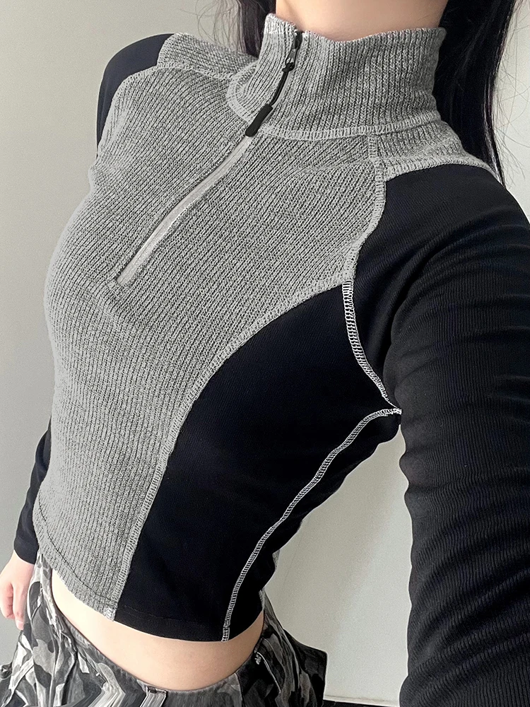 

Autumn Zip Up Crop Top y2k Vintage Turtleneck Skinny Knitted T Shirts Chic Patchwork Long Sleeve Tees 90s Women Clothing
