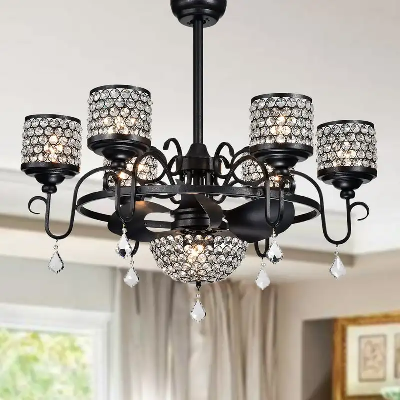 

7-light 35-inch Forged Black Lighted Crystal Fandelier (Remote Controlled)