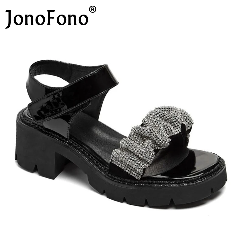

JonoFono Women Sandals Real Leather Fashion Platform High Heels Summer Shoes Woman Crystal Office Lady Daily Footwear Size 34-39