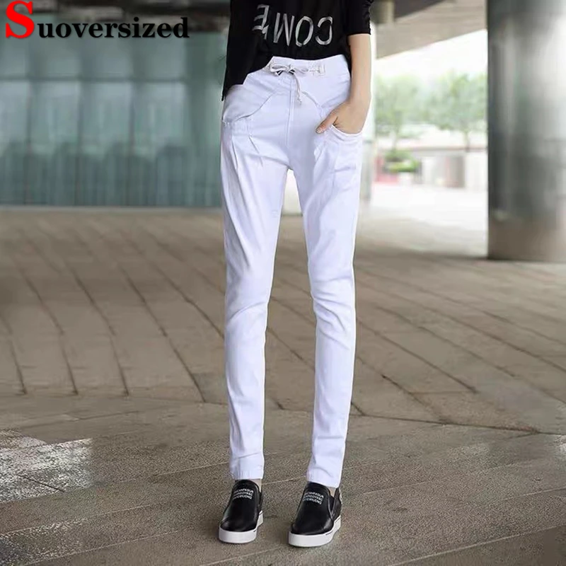 

Women Cotton White Denim Harem Capris Jeans Spliced Elastic Waist Red/Black Slim Denim Pants Oversized 26-34 Cowboy Sweatpants