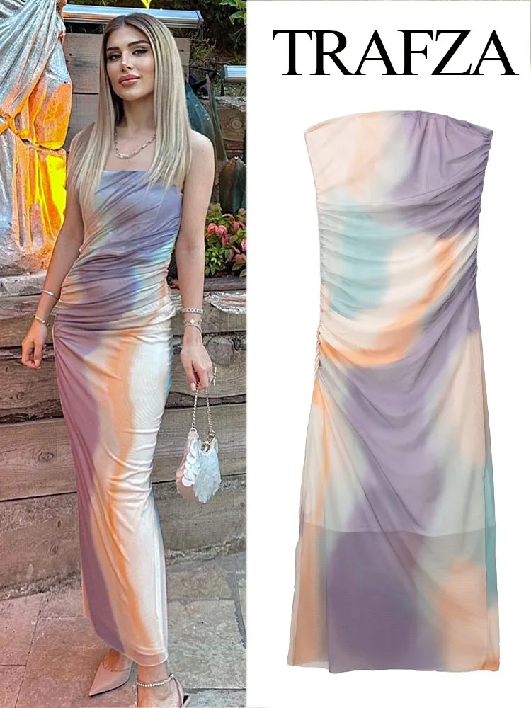 

TRAFZA Woman Gradient Tie Dyed Printed Pleated Dress Summer Backless Sleeveless Dresses Chic Casual Slim Vacation Lady Vestiods