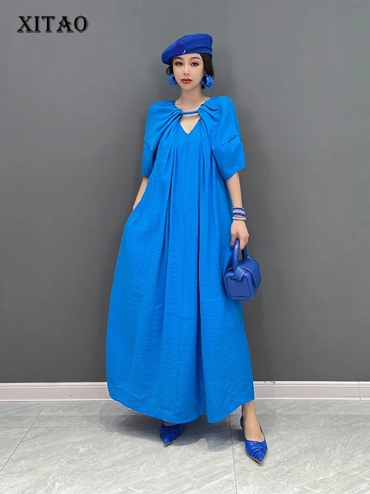 

XITAO Temperament Casual Dress Loose Fashion Simplicity Temperament Folds Splicing Hollow Out V-neck Pullover Dress WLD8582