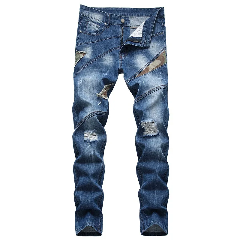 

High Quality Fashion Denim Pnats Straight Leisure Vintage Stitching Collage Ripped Hole Men Jeans