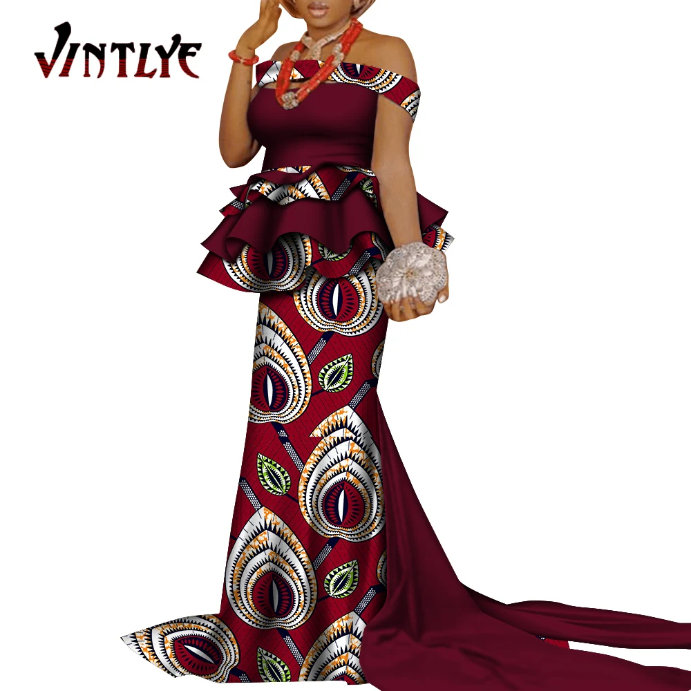 African Clothes for Women Elegant Ankara Print Long Robe Skirt and Top 2 Pcs Set Dashiki Party Evening Dress Bazin Riche WY9490