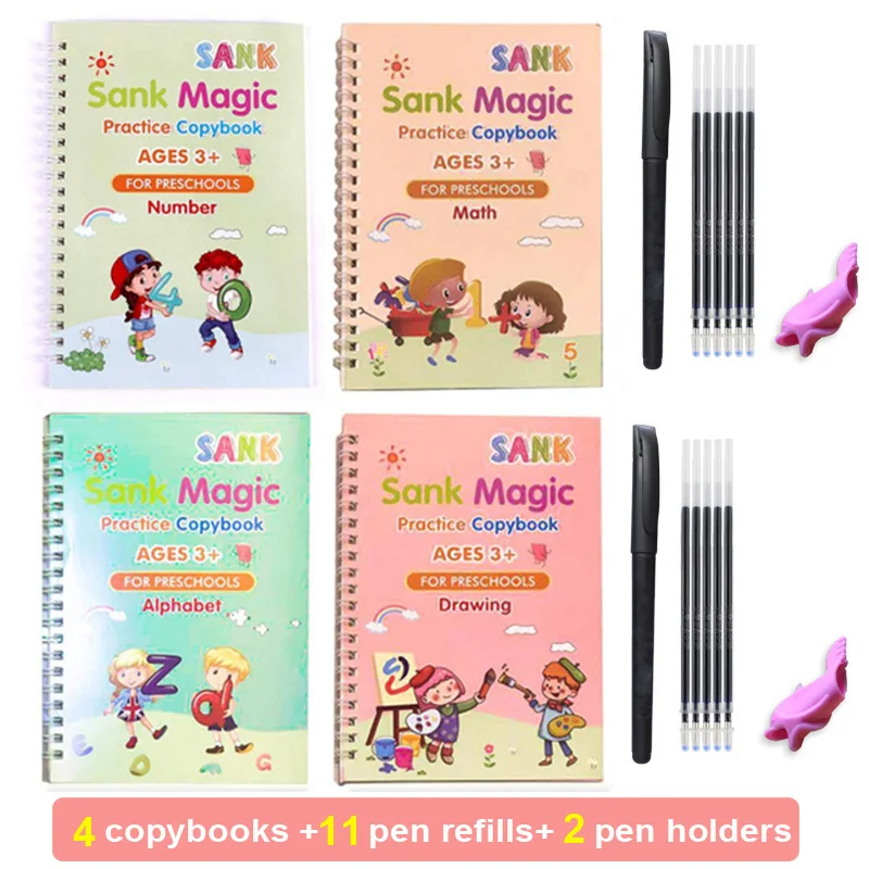 

Magic Practice Copybook English for Kids Reusable Magical Writing Book Free Wiping Kids Books for Handwriting with 4 Books+ Pen