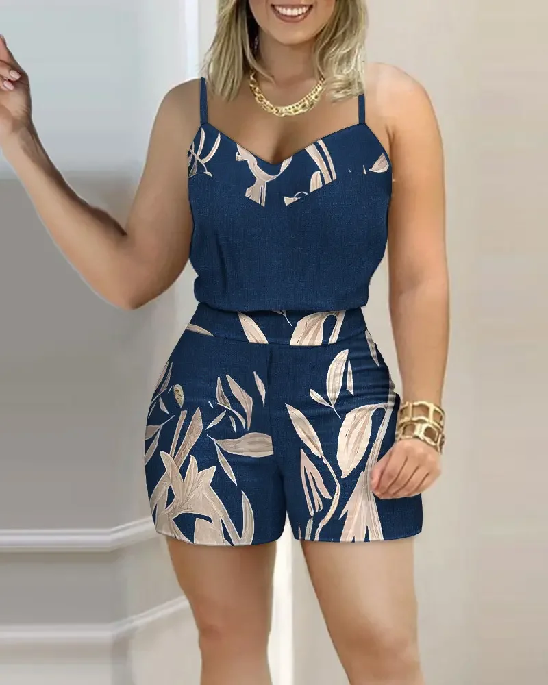 

CHAXIAOA Summer Woman Commuter Botanical Print Camisole Shorts Set