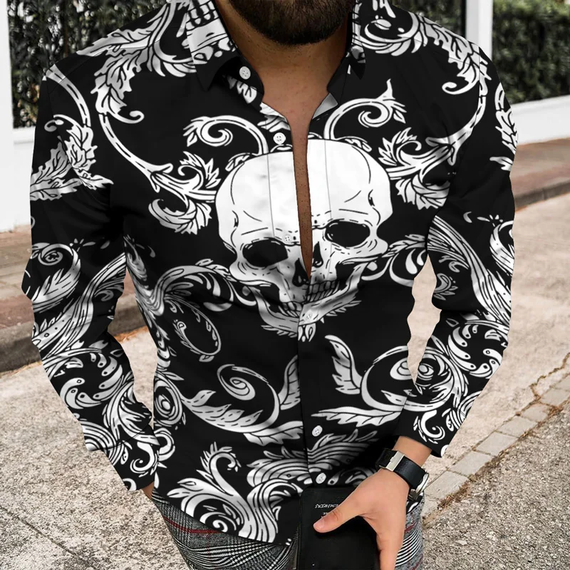 

Men's Long Sleeve Shirts Vintage Harajuku Hip Hop Shirts Skull Print Punk Goth Cardigan Spring Hawaiian Branded Shirtss S-5XL