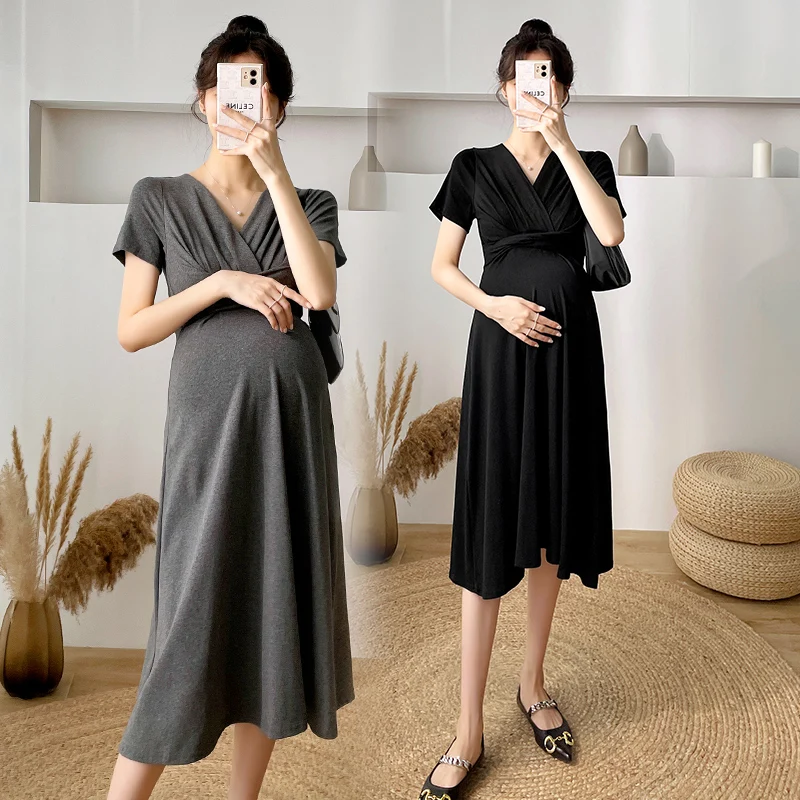 

1621# Across Deep V Neck A Line Slim Maternity Dress Summer Korean Fashion Clothes for Pregnant Women Chic Pregnancy Clothing