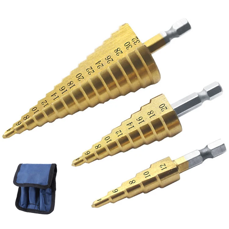 3pcs Step Drill Bit Set HSS 4241 Titanium Plated Hexagonal Shank Core Drill Bit Iron Aluminum Plate Wood Plastic Hole Saw Reamer