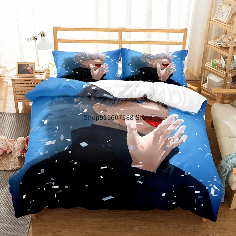 Комплект постельного белья Japanese Anime Jujutsu Kaisen размеров Queen, King и Double с наволочками и декоративными элементами для детей из мягких текстильных материалов.