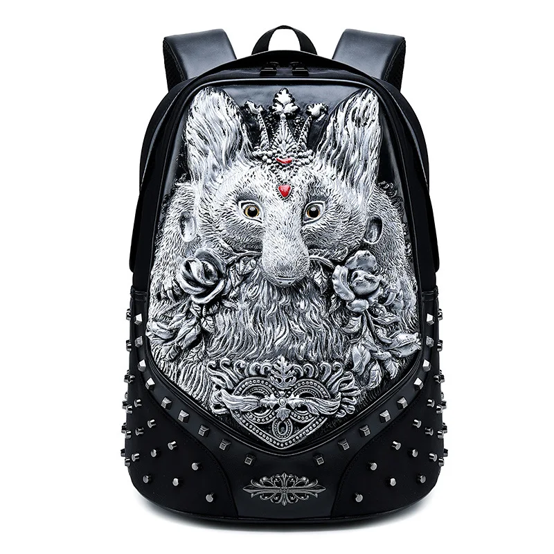 

3D Fox Backpack Skull Embossed Pattern Travel Punk Rock Backpack Funny School Shoulder Bag