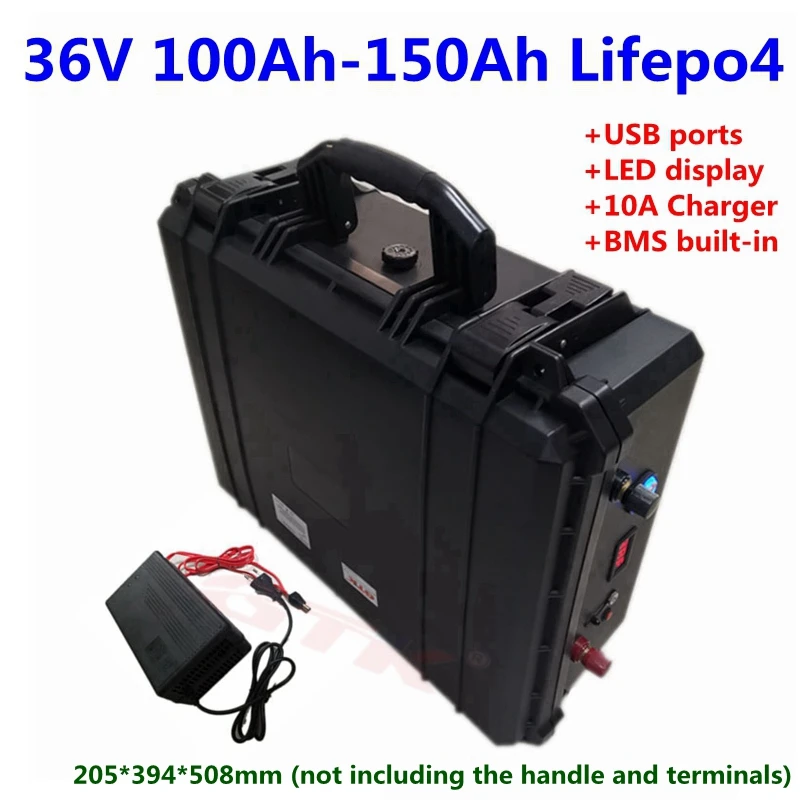 

Водонепроницаемый резервуар для воды 36 В LiFePO4 100 Ач 120 Ач 150 Ач 100 А BMS Солнечный RV фотогальванический морской мотор на колесиках 36 В + зарядное устройство 10 А