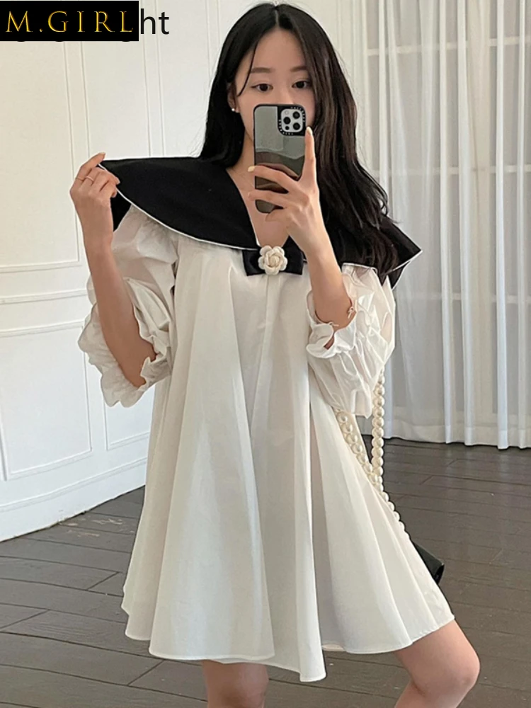 

Gaganight Women Navy Collar Contrast Flower Decoration Dress 2022 Korean Chic Sweet Summer Retro Loose Puff Sleeve Short Dresses