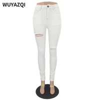 wuyazqi fashion white womens pants comfortable high waist pierced jeans womens casual fashion skinny jeans woman
