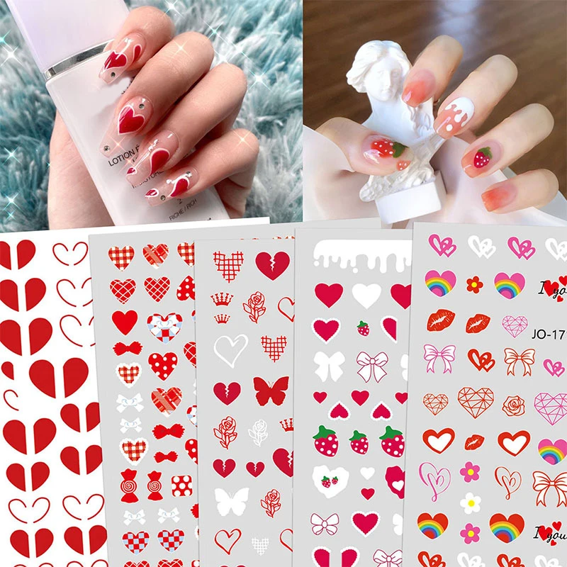 

3D Nail Stickers Heart Strawberry Nail Art Sticker Self-Adhesive Cute Nail Art Decals Designs Pink Spring Manicures DIY Decor
